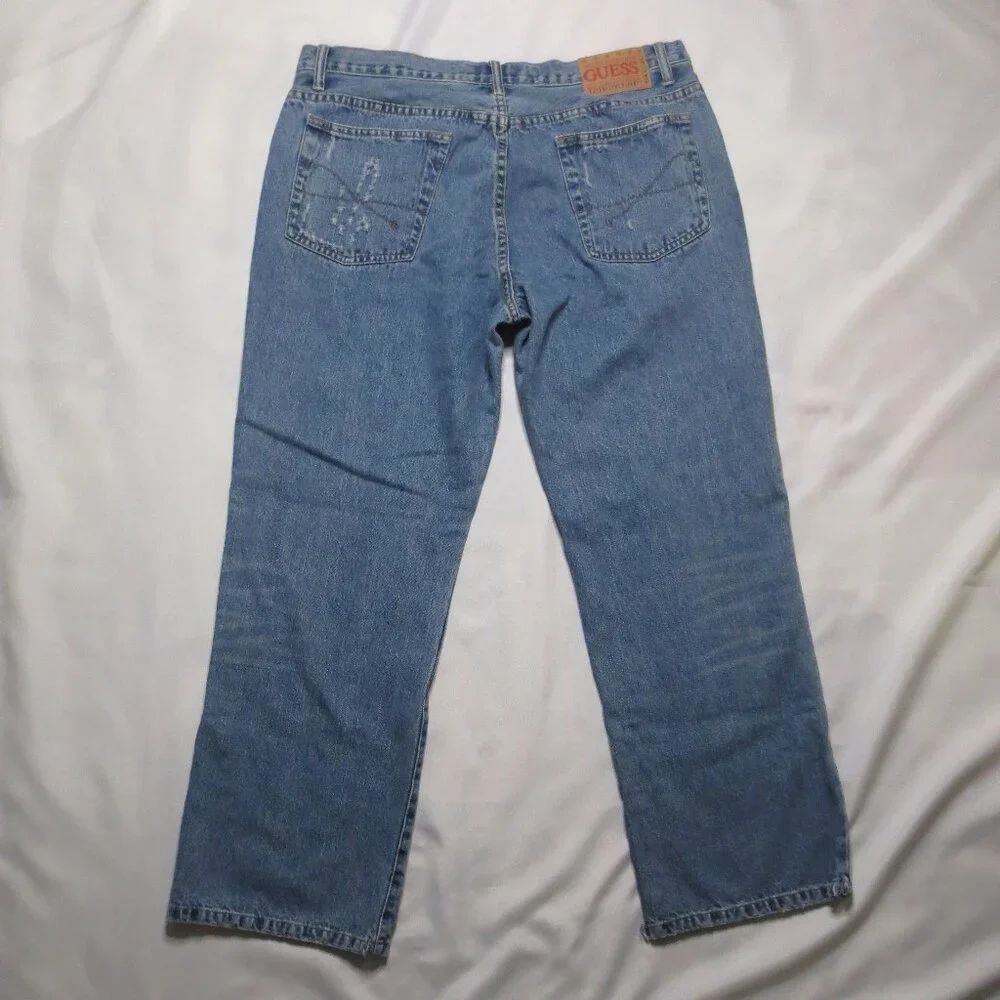 GUESS mens JEANS denim BLUE distressed BUTTON-FLY wide leg SIZE 38x30